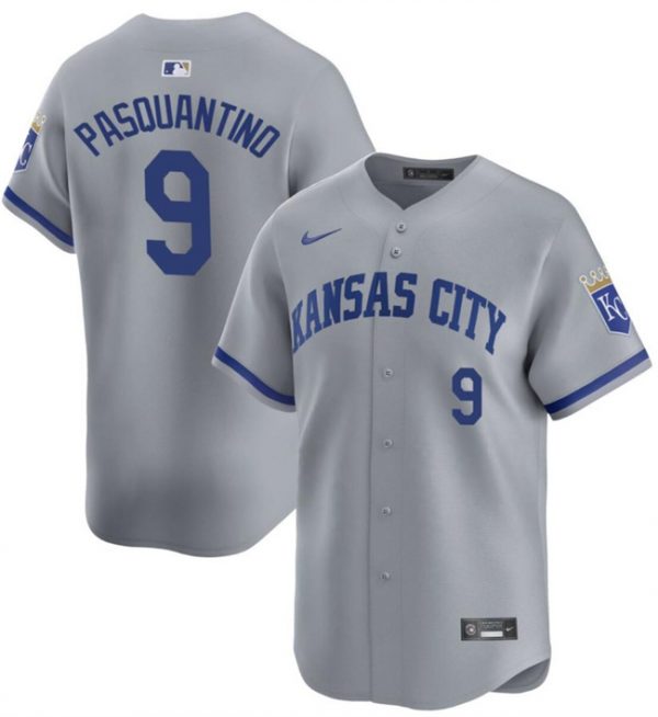 Men Kansas City Royals #9 Vinnie Pasquantino Grey 2024 Away Limited Stitched Baseball Jersey
