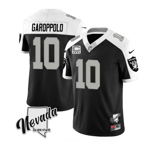 Men Las Vegas Raiders #10 Jimmy Garoppolo Black/White 2023 F.U.S.E Nevada Silver Stat With 4-Star C patch Stitched Football Jersey