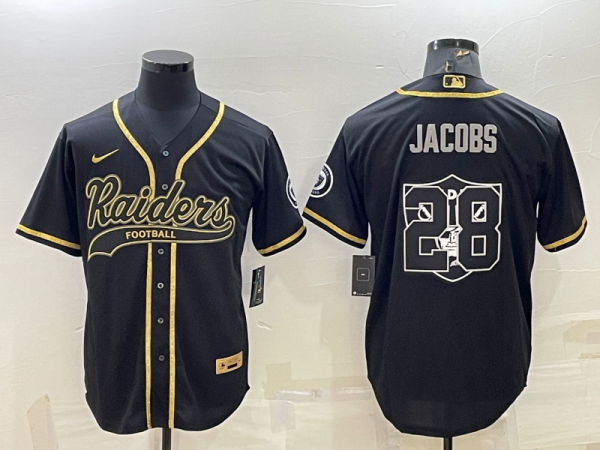 Men Las Vegas Raiders #28 Josh Jacobs Black Gold Team Big Logo With Patch Cool Base Stitched Baseball Jersey