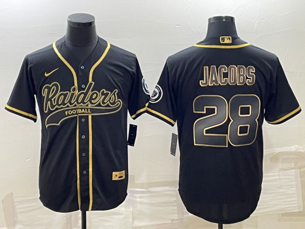 Men Las Vegas Raiders #28 Josh Jacobs Black Gold With Patch Cool Base Stitched Baseball Jersey