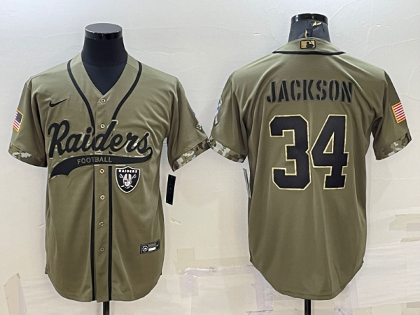 Men Las Vegas Raiders #34 Bo Jackson 2022 Olive Salute to Service Cool Base Stitched Baseball Jersey