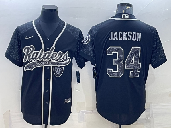 Men Las Vegas Raiders #34 Bo Jackson Black Reflective With Patch Cool Base Stitched Baseball Jersey