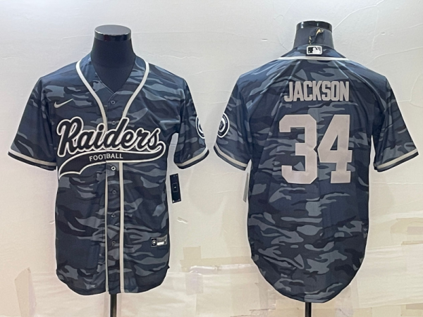 Men Las Vegas Raiders #34 Bo Jackson Grey Camo With Patch Cool Base Stitched Baseball Jersey