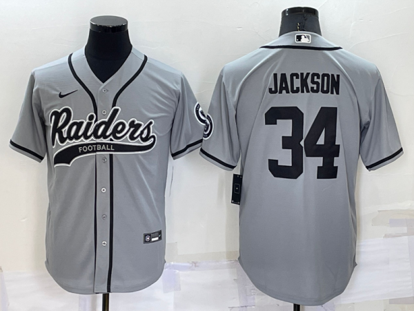 Men Las Vegas Raiders #34 Bo Jackson Grey Cool Base Stitched Baseball Jersey