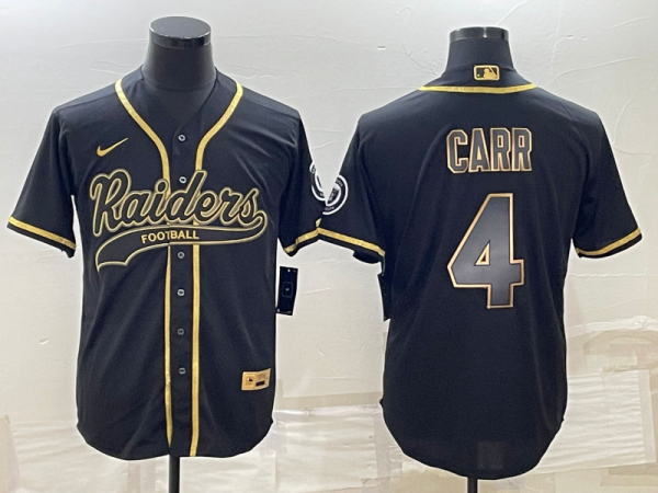 Men Las Vegas Raiders #4 Derek Carr Black Gold With Patch Cool Base Stitched Baseball Jersey