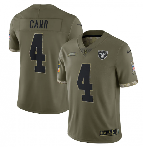 Men Las Vegas Raiders #4 Derek Carr Olive 2022 Salute To Service Limited Stitched Jersey