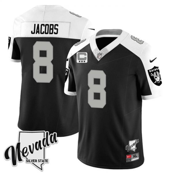 Men Las Vegas Raiders #8 Josh Jacobs Black/White 2023 F.U.S.E Nevada Silver Stat With 3-Star C patch Stitched Football Jersey