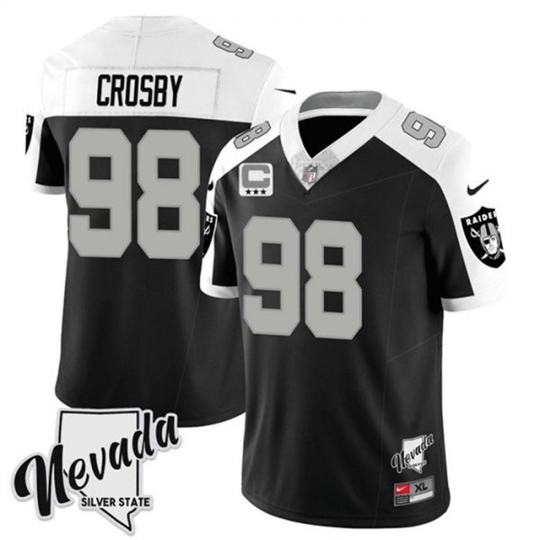 Men Las Vegas Raiders #98 Maxx Crosby Black/White 2023 F.U.S.E Nevada Silver Stat With 3-Star C patch Stitched Football Jersey