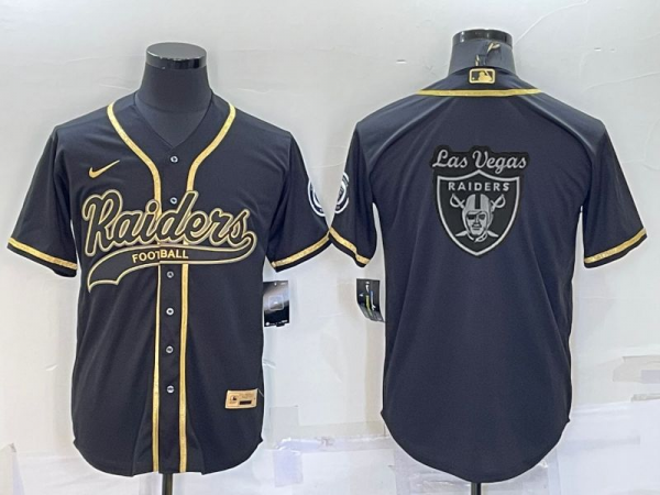 Men Las Vegas Raiders Black Gold Team Big Logo With Patch Cool Base Stitched Baseball Jersey