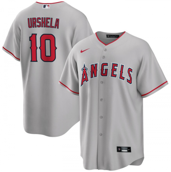 Men Los Angeles Angels #10 Gio Urshela Grey Cool Base Stitched Jersey
