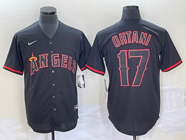 Men Los Angeles Angels #17 Shohei Ohtani Black Red Cool Base Stitched Jersey