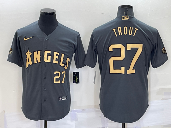 Men Los Angeles Angels #27 Mike Trout 2022 All-star Charcoal Cool Base Stitched Jersey