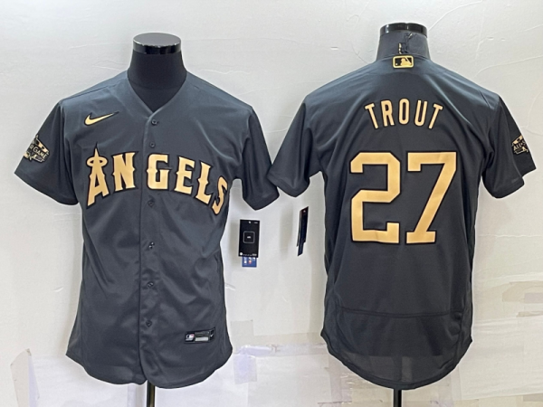 Men Los Angeles Angels #27 Mike Trout 2022 All-star Charcoal Flex Base Stitched Jersey