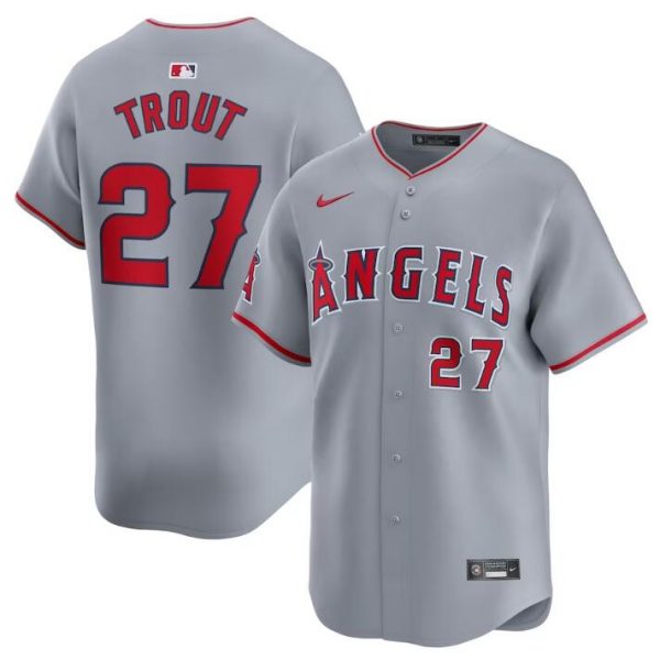 Men Los Angeles Angels #27 Mike Trout Grey Away Limited Stitched Baseball Jersey