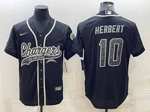Men Los Angeles Chargers #10 Justin Herbert Black Reflective With Patch Cool Base Stitched Baseball Jersey