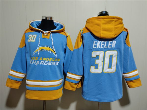 Men Los Angeles Chargers #30 Austin Ekeler Blue Ageless Must-Have Lace-Up Pullover Hoodie