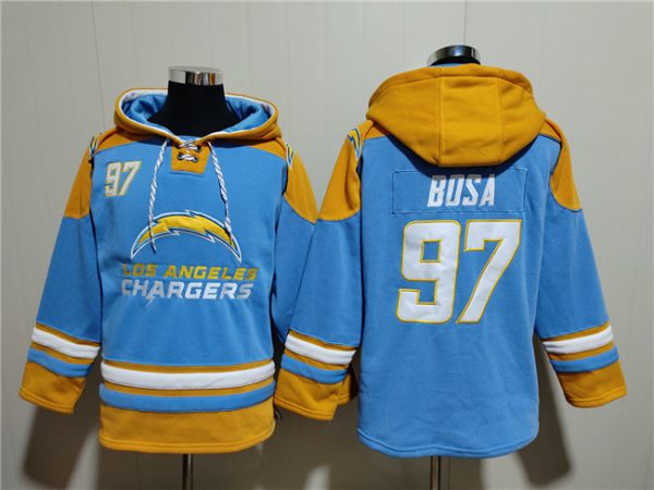 Men Los Angeles Chargers #97 Joey Bosa Blue Ageless Must-Have Lace-Up Pullover Hoodie
