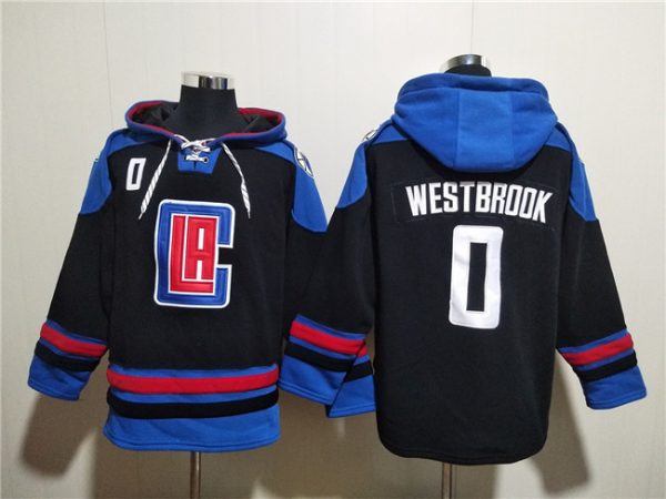 Men Los Angeles Clippers #0 Russell Westbrook Black/Blue Lace-Up Pullover Hoodie