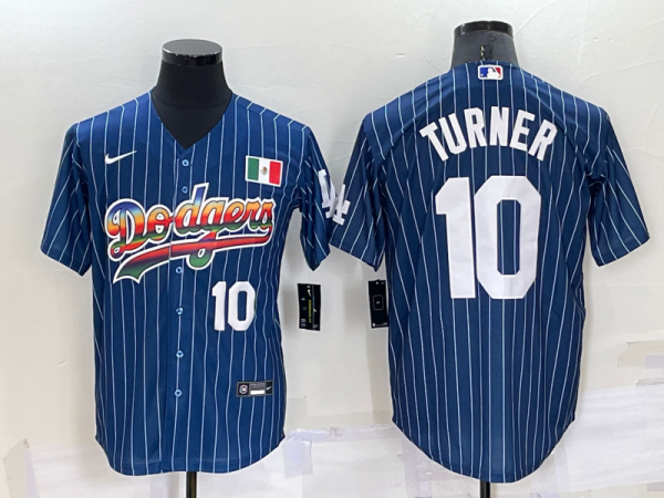 Men Los Angeles Dodgers #10 Justin Turner Navy Mexico Rainbow Cool Base Stitched Baseball Jersey