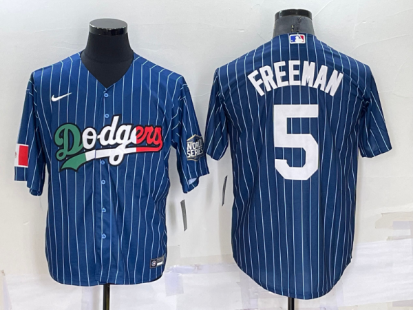 Men Los Angeles Dodgers #5 Freddie Freeman Navy Mexico World Series Cool Base Stitched Baseball Jersey