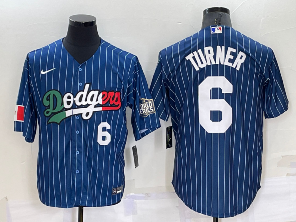 Men Los Angeles Dodgers #6 Trea Turner Navy Mexico World Series Cool Base Stitched Baseball Jersey