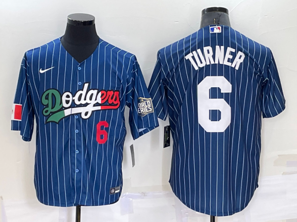 Men Los Angeles Dodgers #6 Trea Turner Navy Mexico World Series Cool Base Stitched Baseball Jersey