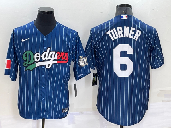 Men Los Angeles Dodgers #6 Trea Turner Navy Mexico World Series Cool Base Stitched Baseball Jersey