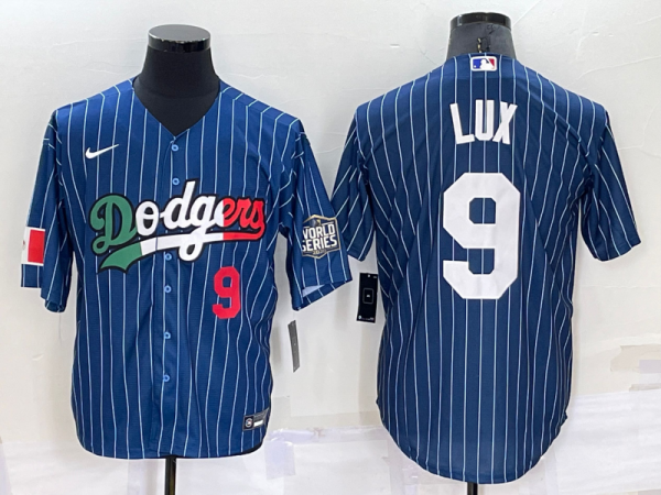 Men Los Angeles Dodgers #9 Gavin Lux Navy Mexico World Series Cool Base Stitched Baseball Jersey
