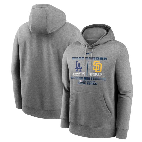 Men Los Angeles Dodgers vs. San Diego Padres 2024 World Tour Seoul Series Nike Heather Gray Club Pullover Hoodie