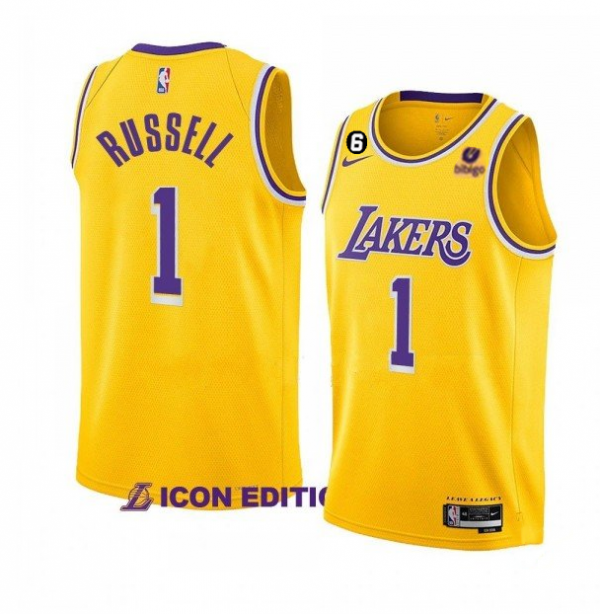 Men Los Angeles Lakers #1 D'Angelo Russell Yellow Icon Edition With NO.6 Patch Stitched Basketball Jersey
