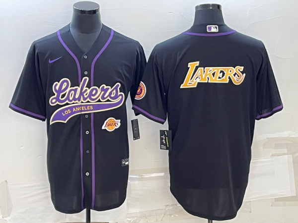 Men Los Angeles Lakers Black Big Logo With Patch Cool Base Stitched Baseball Jersey