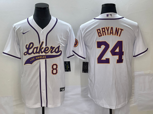 Men Los Angeles Lakers Front #8 Back #24 Kobe Bryant White Cool Base Stitched Baseball Jersey