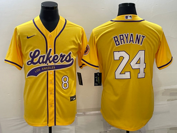 Men Los Angeles Lakers Front #8 Back #24 Kobe Bryant Yellow Cool Base Stitched Baseball Jersey
