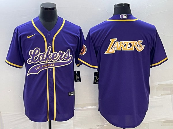 Men Los Angeles Lakers Purple Big Logo Cool Base Stitched Baseball Jersey