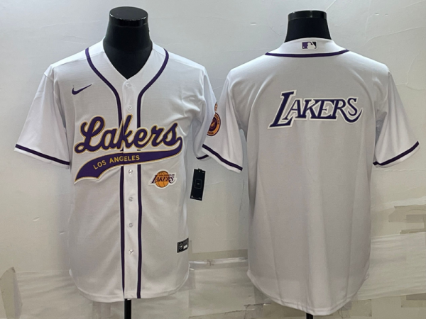Men Los Angeles Lakers White Team Big Logo With Patch Cool Base Stitched Baseball Jersey
