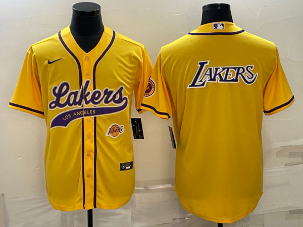Men Los Angeles Lakers Yellow Big Logo With Patch Cool Base Stitched Baseball Jersey