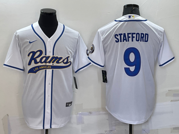 Men Los Angeles Rams #9 Matthew Stafford White With Patch Cool Base Stitched Baseball Jersey