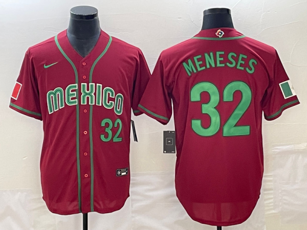 Men Mexico Baseball #32 Joey Meneses 2023 Red World Baseball Classic Stitched Jersey