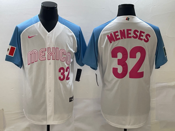Men Mexico Baseball #32 Joey Meneses 2023 White Blue World Baseball Classic Stitched Jersey
