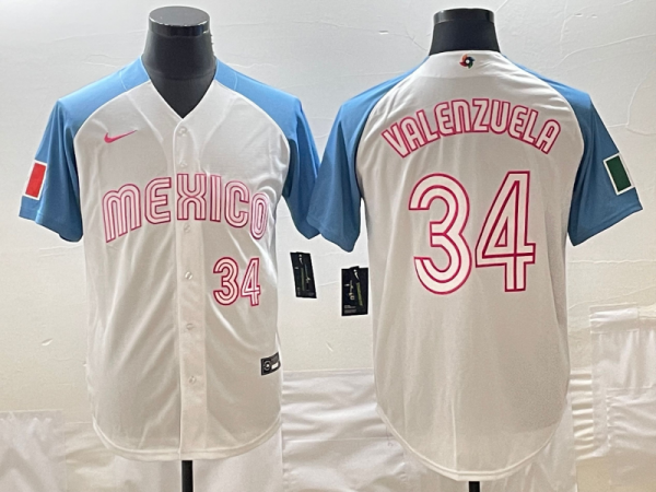Men Mexico Baseball #34 Fernando Valenzuela 2023 White Blue World Baseball Classic Stitched Jersey