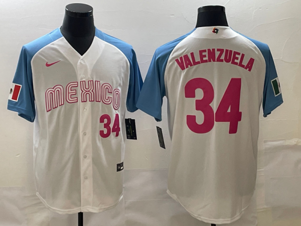Men Mexico Baseball #34 Fernando Valenzuela 2023 White Blue World Baseball Classic Stitched Jersey