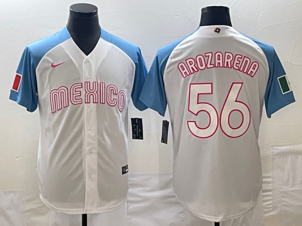 Men Mexico Baseball #56 Randy Arozarena 2023 White Blue World Baseball Classic Stitched Jersey