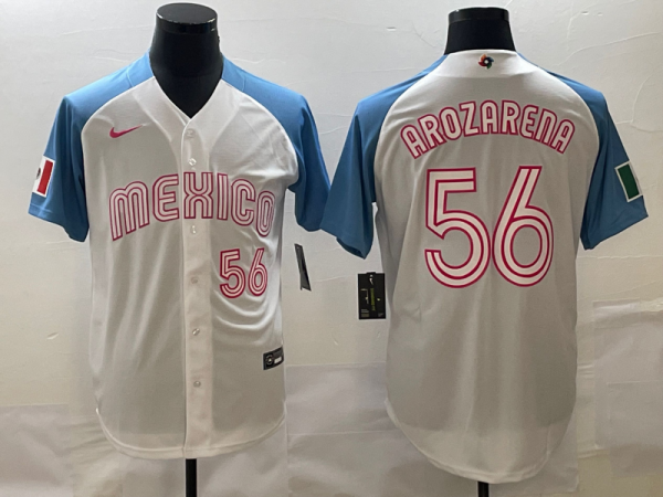 Men Mexico Baseball #56 Randy Arozarena 2023 White Blue World Baseball Classic Stitched Jersey