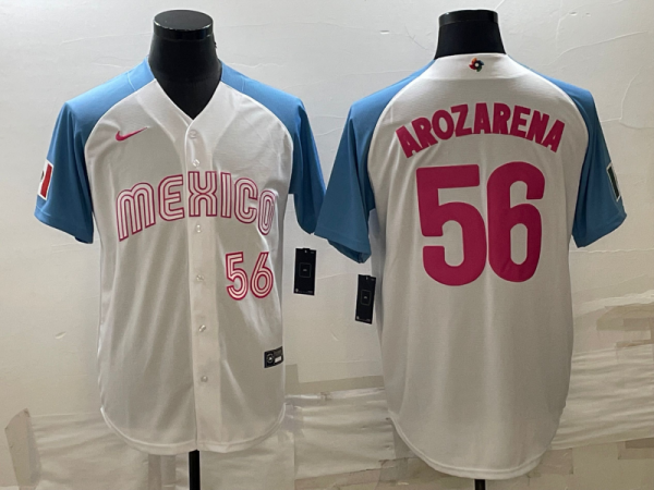 Men Mexico Baseball #56 Randy Arozarena 2023 White Blue World Baseball Classic Stitched Jersey