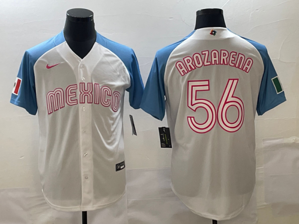 Men Mexico Baseball #56 Randy Arozarena 2023 White Blue World Baseball Classic Stitched Jersey