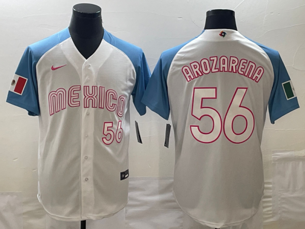 Men Mexico Baseball #56 Randy Arozarena 2023 White Blue World Baseball Classic With Patch Stitched Jersey
