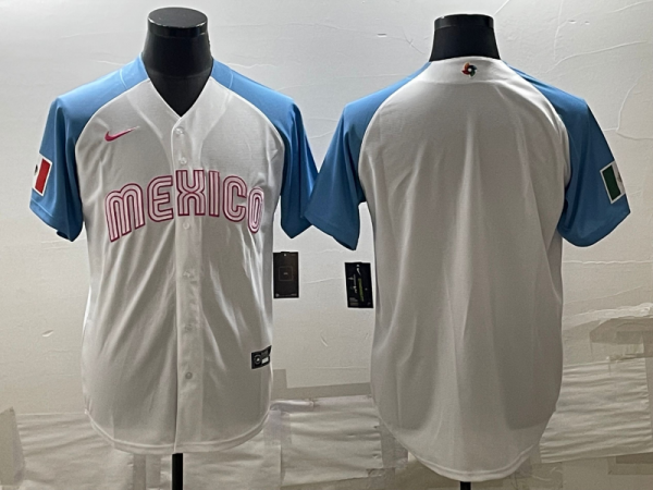 Men Mexico Baseball Blank 2023 White Blue World Baseball Classic Stitched Jersey
