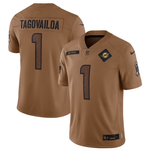 Men Miami Dolphins #1 Tua Tagovailoa 2023 Brown Salute To Service Limited Stitched Football Jersey