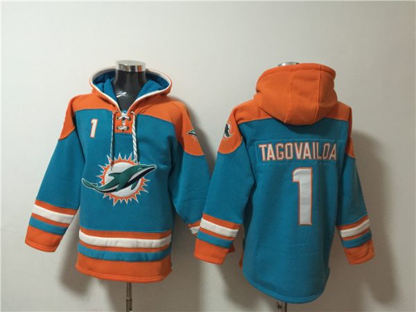 Men Miami Dolphins #1 Tua Tagovailoa Aqua Lace-Up Pullover Hoodie