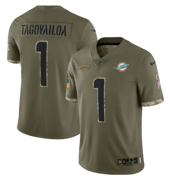 Men Miami Dolphins #1 Tua Tagovailoa Olive 2022 Salute To Service Limited Stitched Jersey